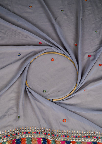 (Pre-Cut 2.5 MTR) Grey Georgette Fabric With All Over Thread And Sequins Work With One Side Border 26383