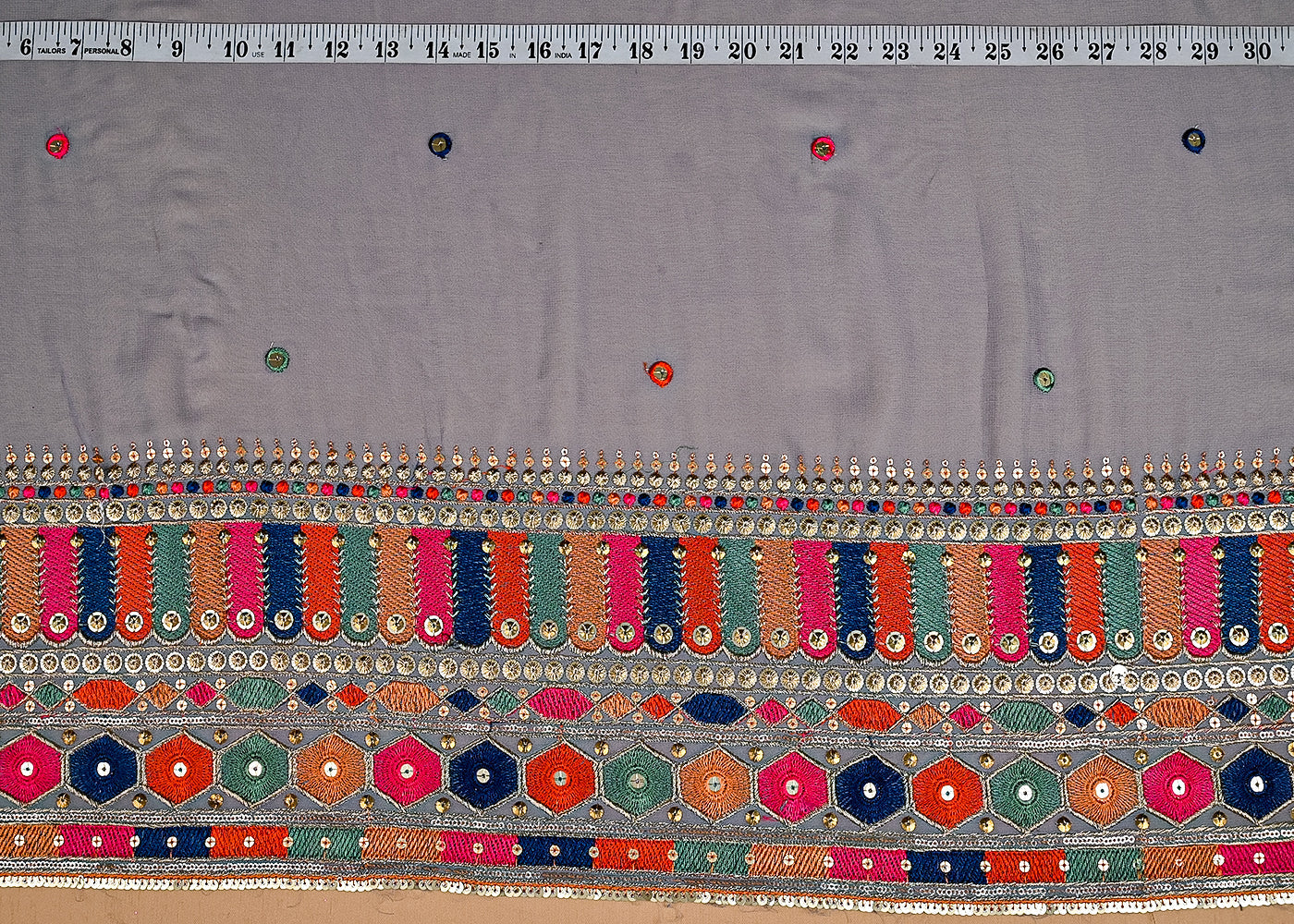 (Pre-Cut 2.5 MTR) Grey Georgette Fabric With All Over Thread And Sequins Work With One Side Border 26383
