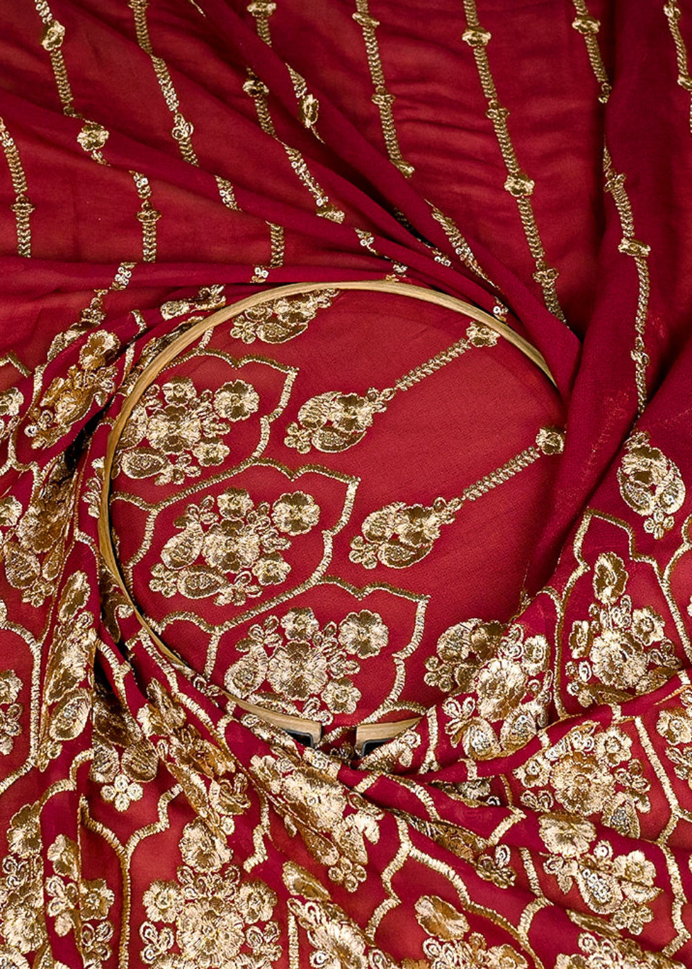 (Pre-Cut 2 MTR) Maroon Georgette Fabric With All Over Sequins And Zari Work With One Side Border 26385