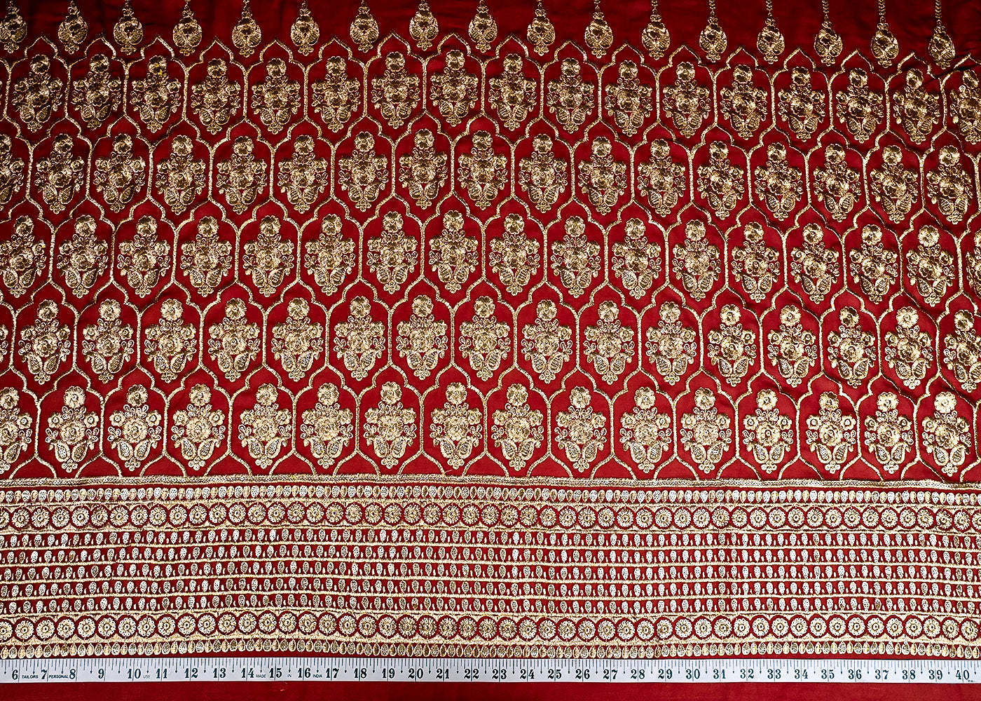 (Pre-Cut 2 MTR) Maroon Georgette Fabric With All Over Sequins And Zari Work With One Side Border 26385