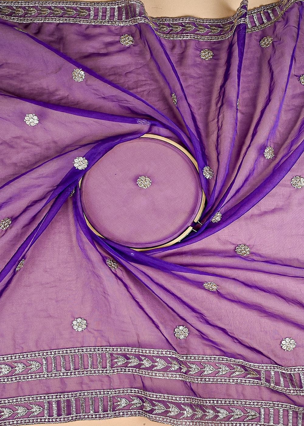 (Pre-Cut 2.1 MTR) Purple Net Fabric With All Over Zari And Sequins Work And Two Side Boder 26386