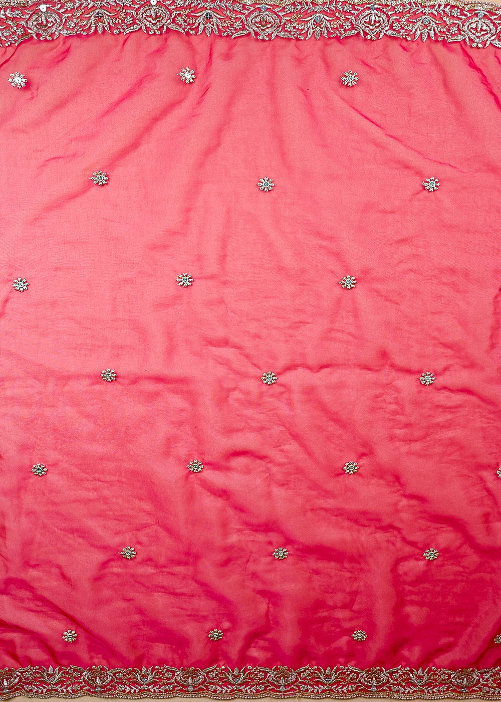(Pre-Cut 1.85 MTR) Rani Organza Fabric With All Over Zari And Sequins Work And Two Side Boder 26388