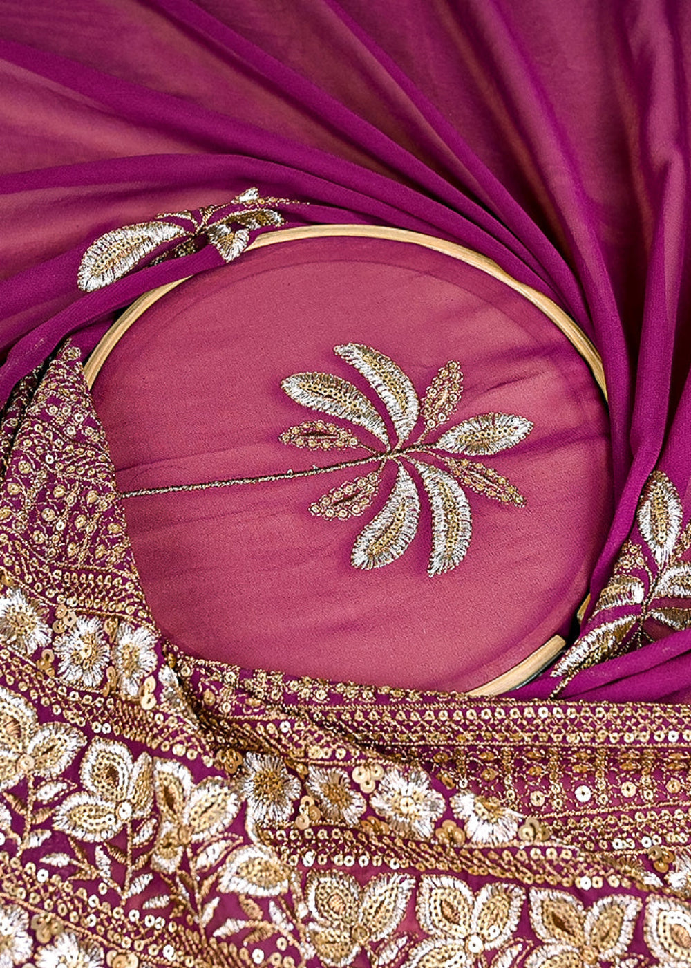 (Pre-Cut 2.1 MTR) Mauve Georgette Fabric With All Over Sequins And Zari With One Side Border 26392