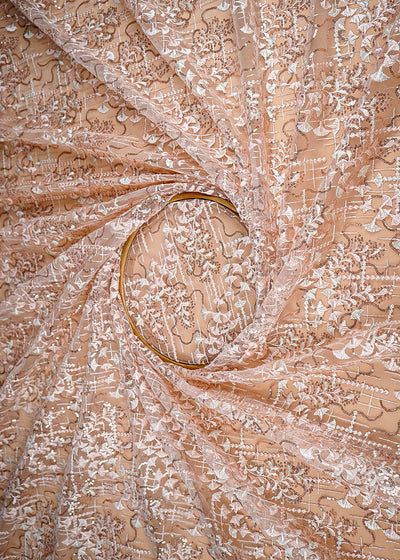 (Pre-Cut 1.8 MTR) Beige Net Fabric With All Over Thread And Sequins Work 26395