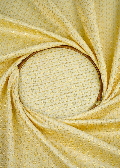 (Pre-Cut 2.1 MTR) Yellow Satin Fabric With All Over Thread And Sequins Work 26396