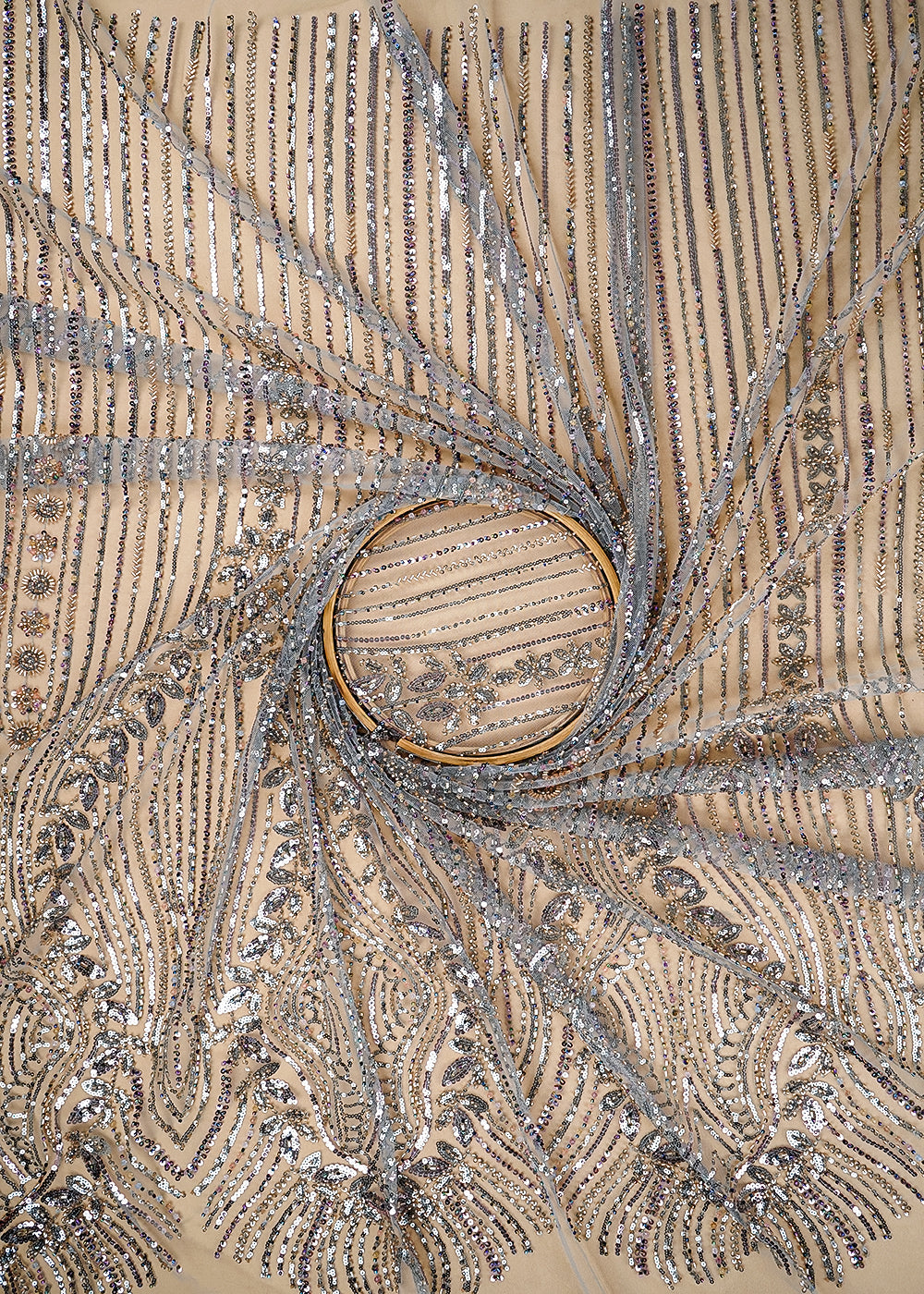 (Pre-Cut 1 MTR) Blue Net Fabric With All Over Katdana, Sequins, Bead Work And One Side Border 26397