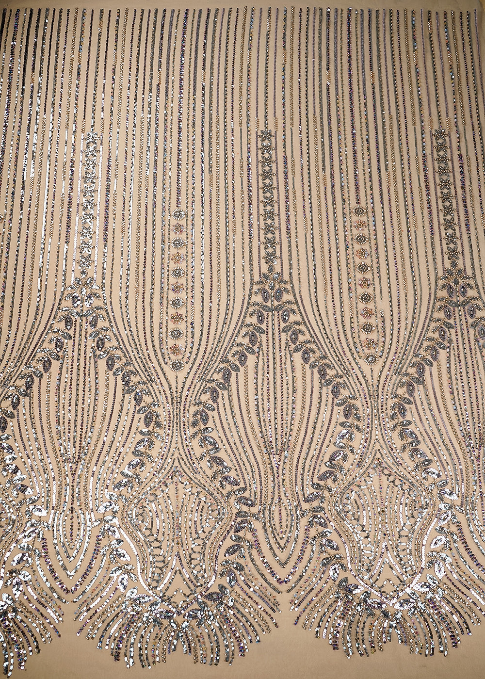 (Pre-Cut 1 MTR) Blue Net Fabric With All Over Katdana, Sequins, Bead Work And One Side Border 26397