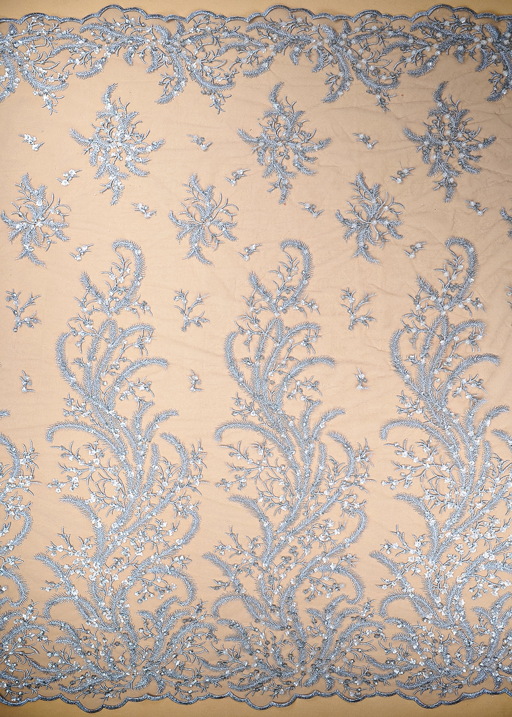 (Pre-Cut 1.75 MTR) Grey Net Fabric With All Over Zari And Sequins 26399