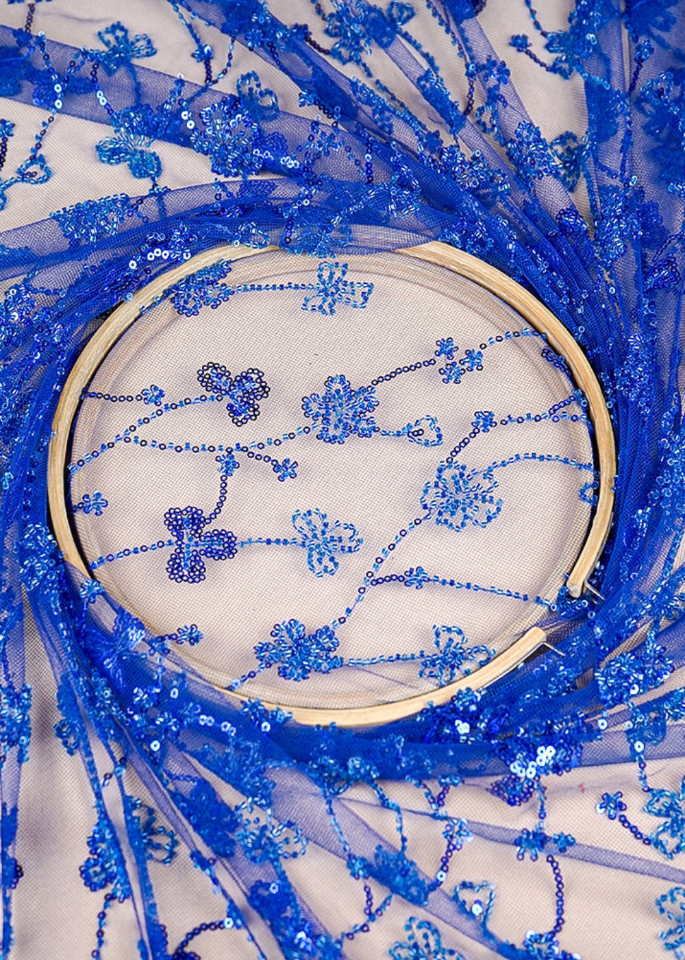 (Pre-Cut 1 MTR) Royal Blue Net Fabric With All Over Bead And Sequins Work 26401