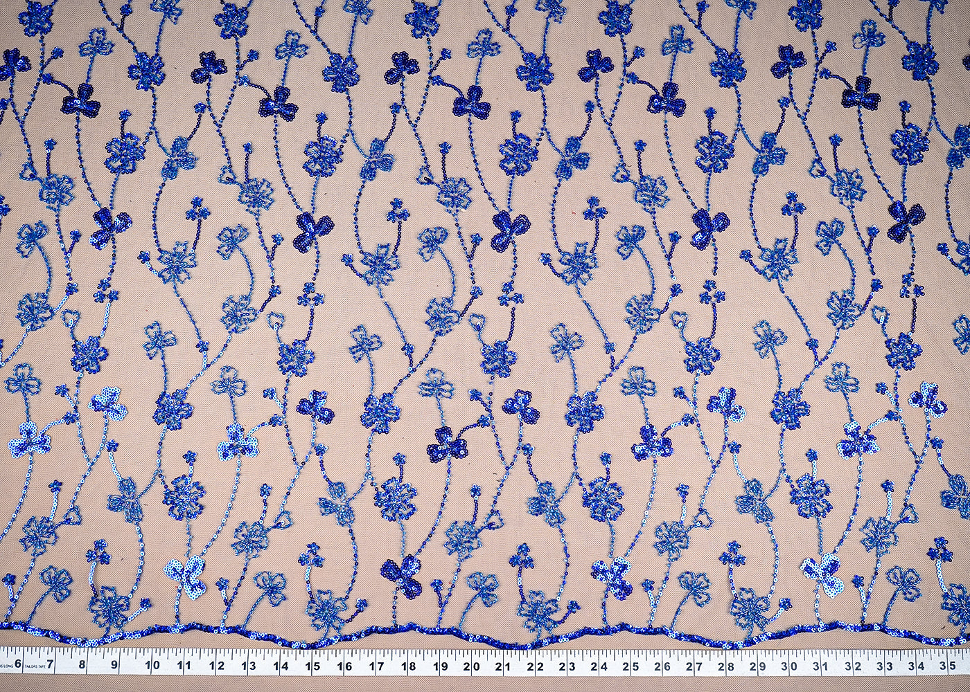 (Pre-Cut 1 MTR) Royal Blue Net Fabric With All Over Bead And Sequins Work 26401