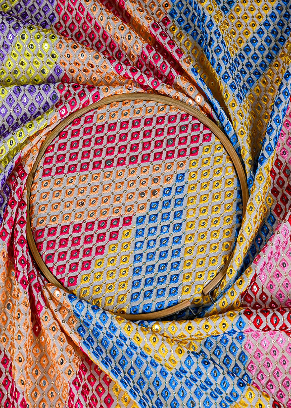 (Pre-Cut 2.25 MTR) White Georgette Fabric With All Over Thread, Sequins And Faux Mirror Work 26402