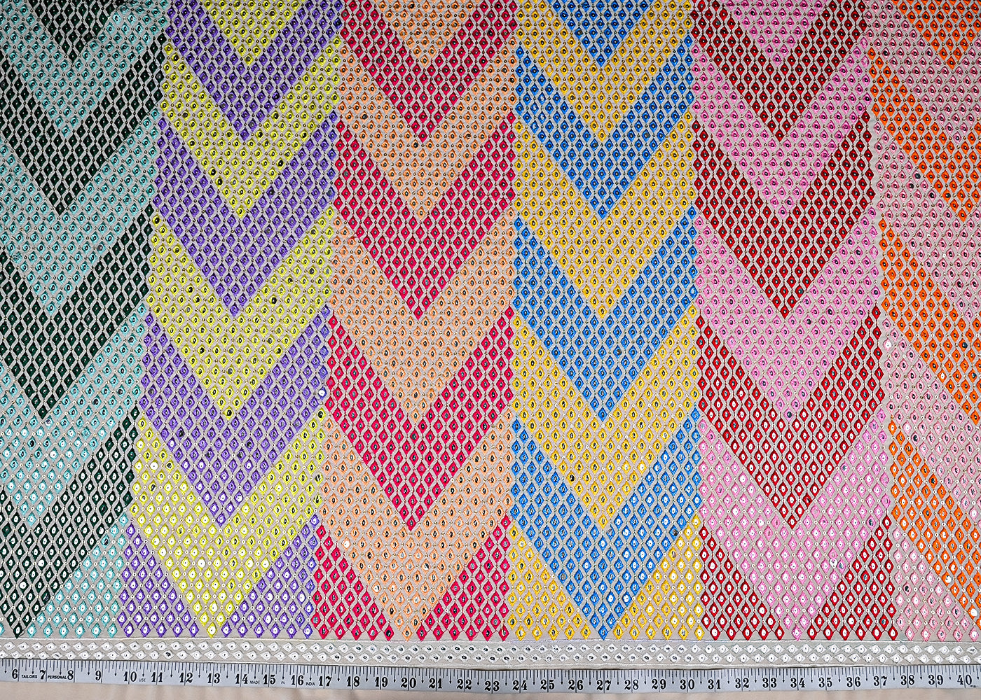 (Pre-Cut 2.25 MTR) White Georgette Fabric With All Over Thread, Sequins And Faux Mirror Work 26402