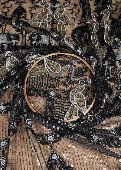 (Pre-Cut 2 MTR) Black Net Fabric With All Over Thread And Sequins Work 26406