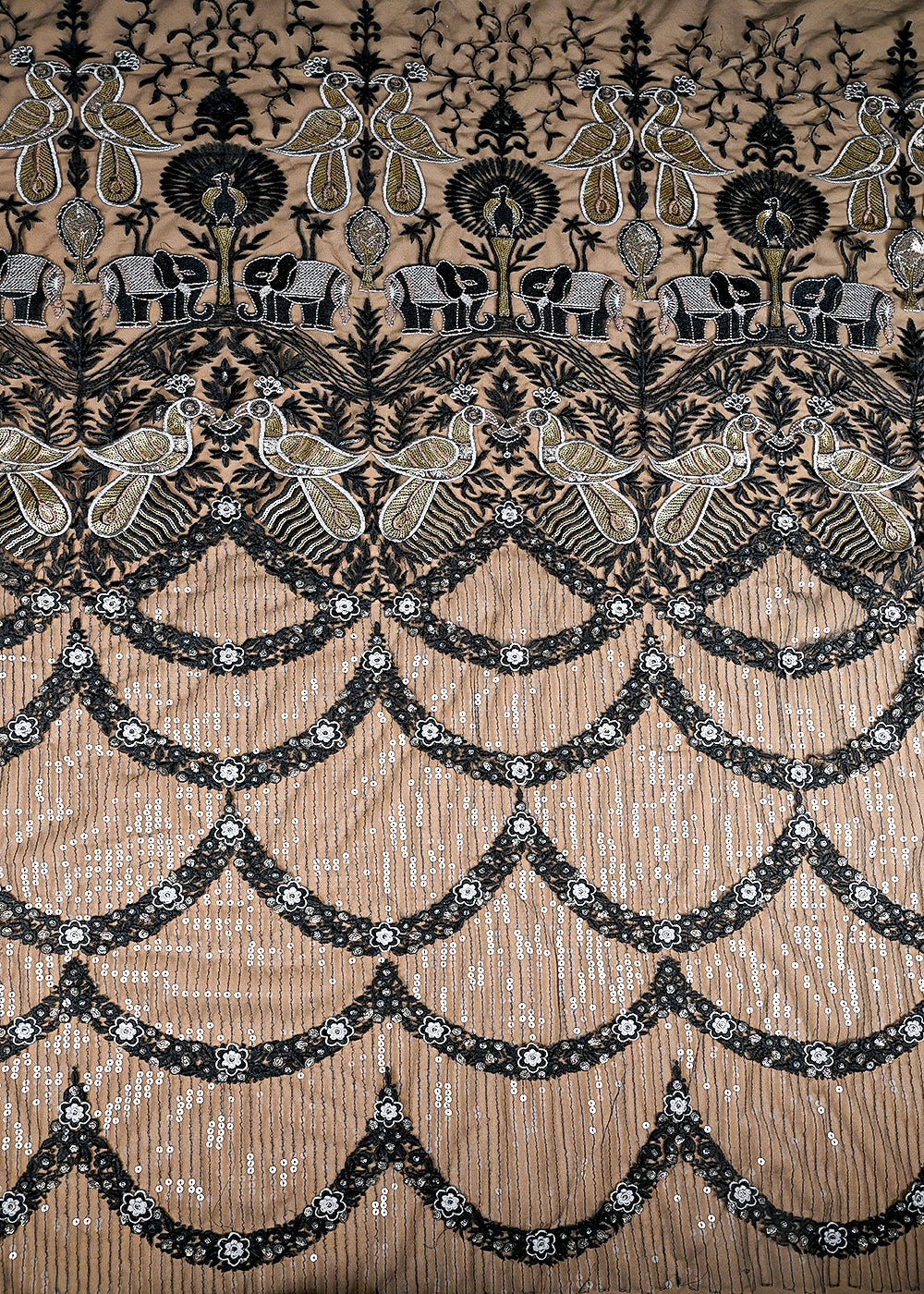 (Pre-Cut 2 MTR) Black Net Fabric With All Over Thread And Sequins Work 26406