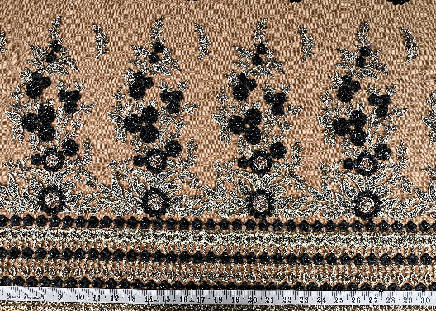 (Pre-Cut 3.4 MTR) Black Net Fabric With All Over Thread, Bead And Zari Work 26407