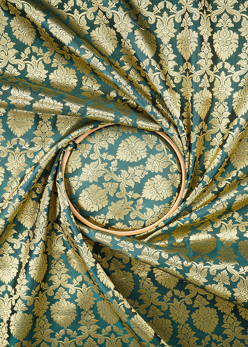 Dark Green Banarasi Brocade Fabric With All Over Golden Zari Handloom 26412