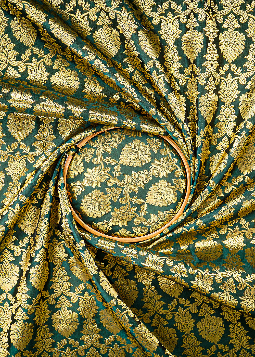 Dark Green Banarasi Brocade Fabric With All Over Golden Zari Handloom 26412