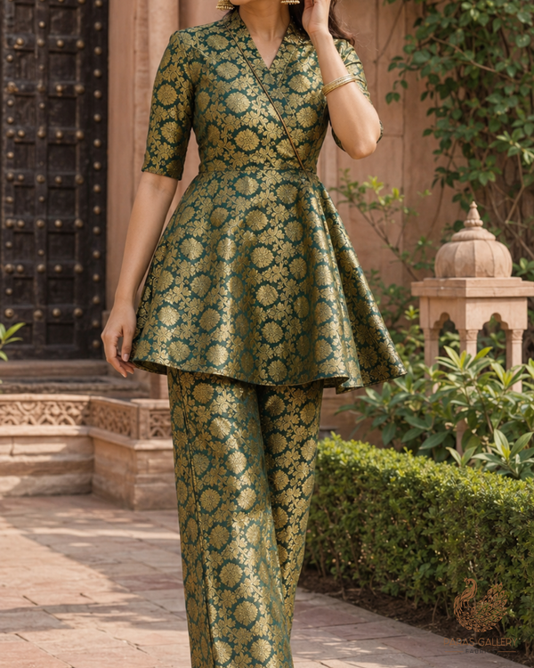 Dark Green Banarasi Brocade Fabric With All Over Golden Zari Handloom 26412