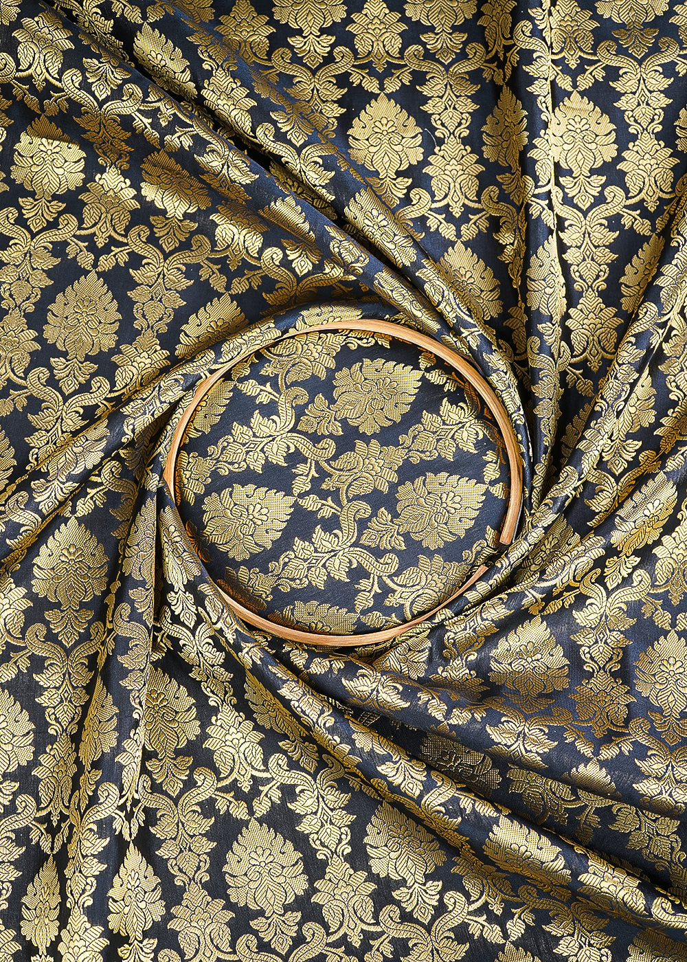 Black Banarasi Brocade Fabric With All Over Golden Zari Handloom 26414