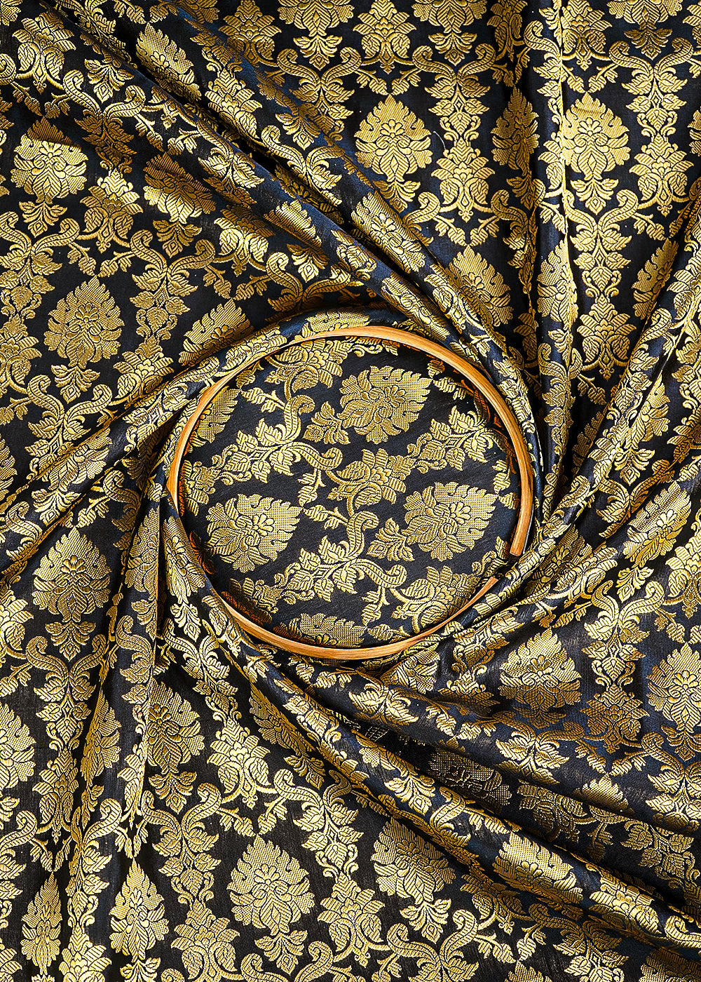 Black Banarasi Brocade Fabric With All Over Golden Zari Handloom 26414