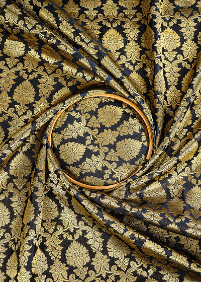 Black Banarasi Brocade Fabric With All Over Golden Zari Handloom 26414