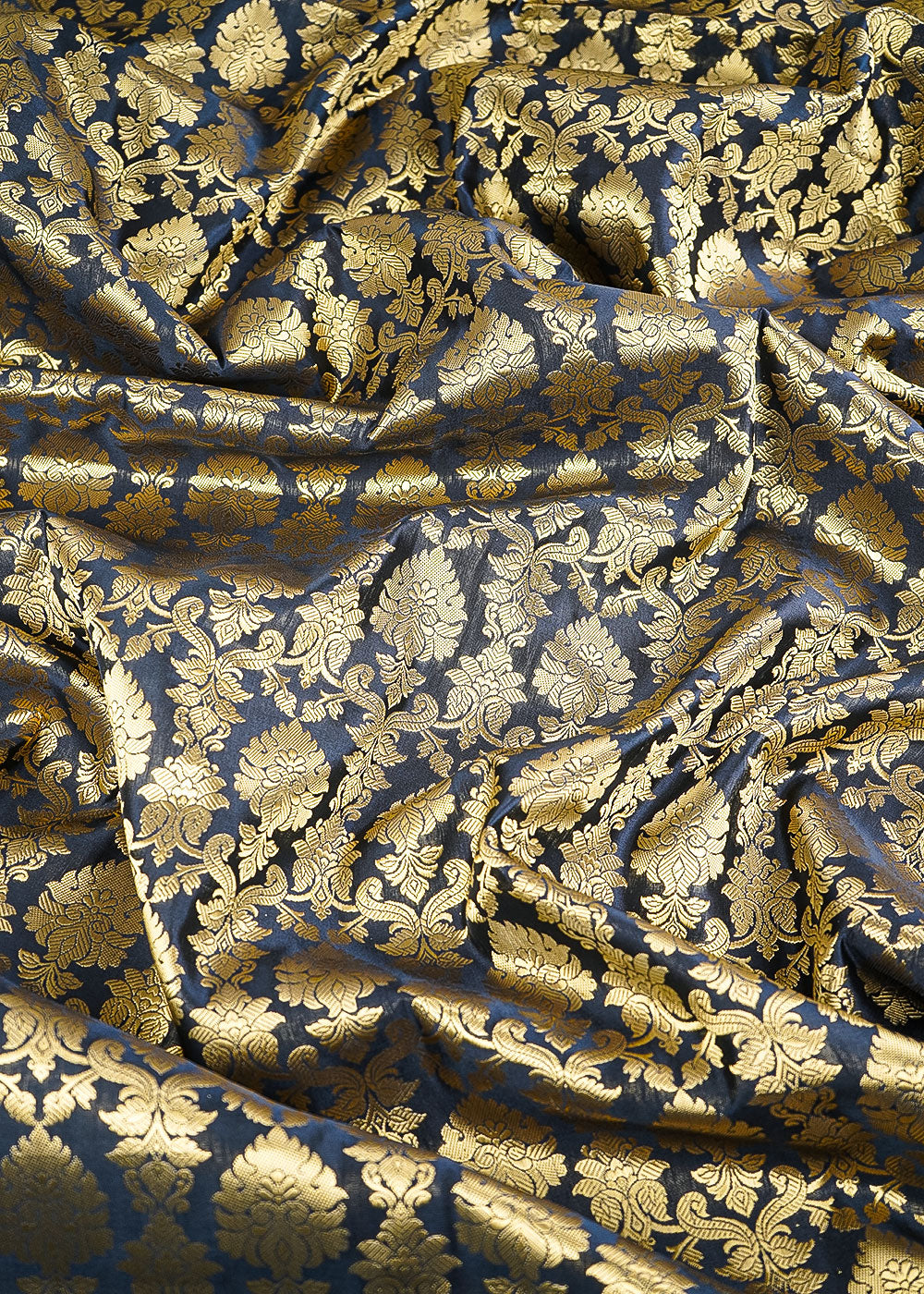 Black Banarasi Brocade Fabric With All Over Golden Zari Handloom 26414