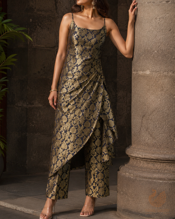 Black Banarasi Brocade Fabric With All Over Golden Zari Handloom 26414