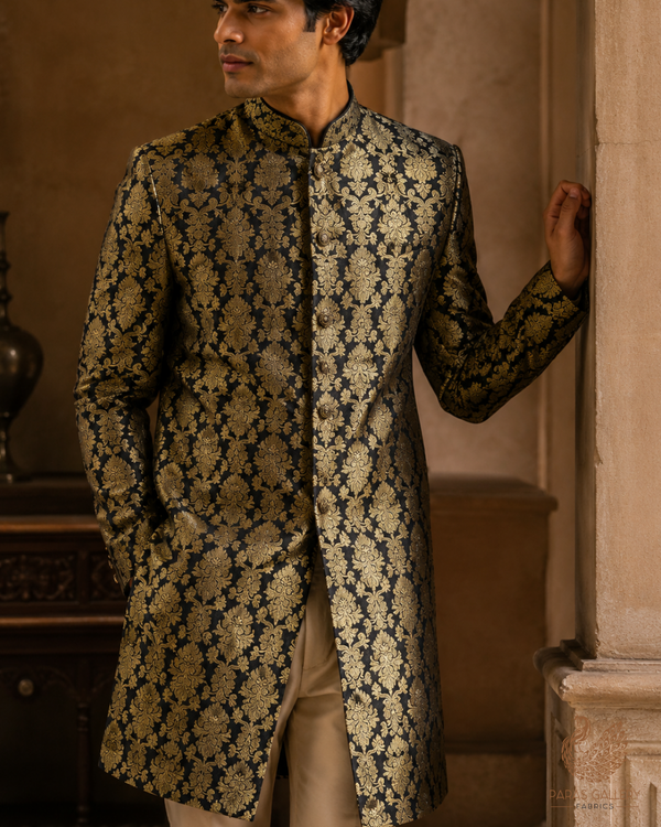 Black Banarasi Brocade Fabric With All Over Golden Zari Handloom 26414