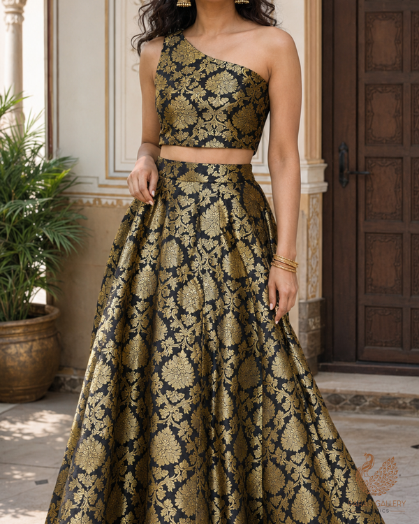 Black Banarasi Brocade Fabric With All Over Golden Zari Handloom 26414