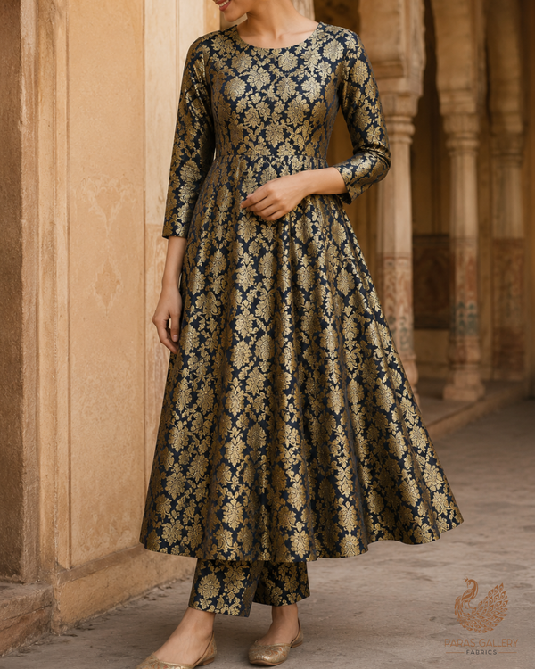 Black Banarasi Brocade Fabric With All Over Golden Zari Handloom 26414