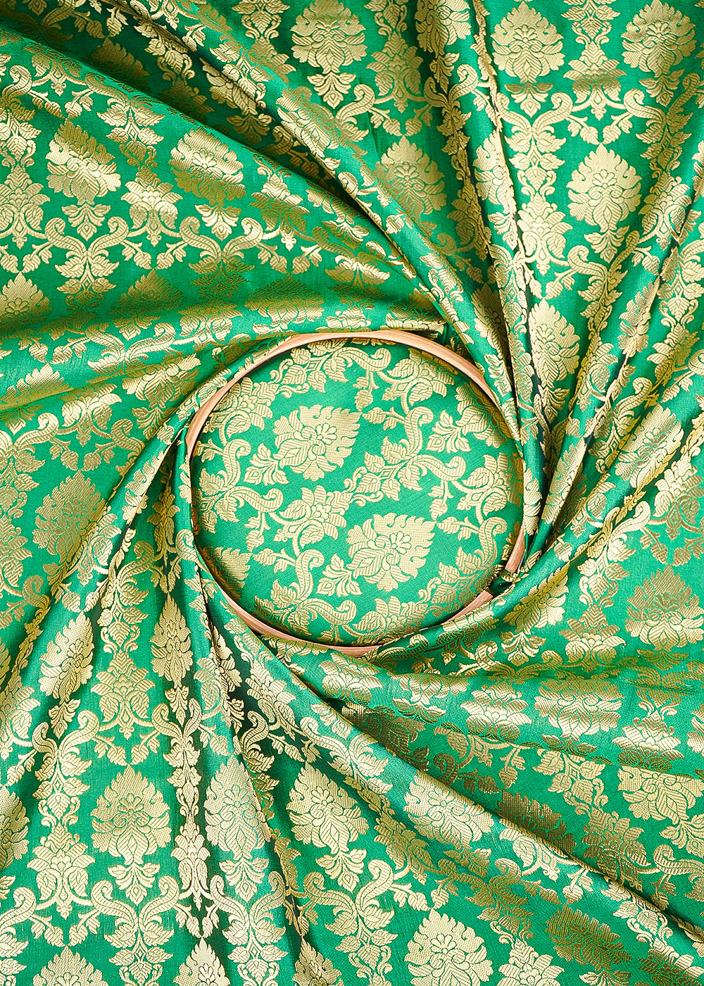 Bottle Green Banarasi Brocade Fabric With All Over Golden Zari Handloom 26415