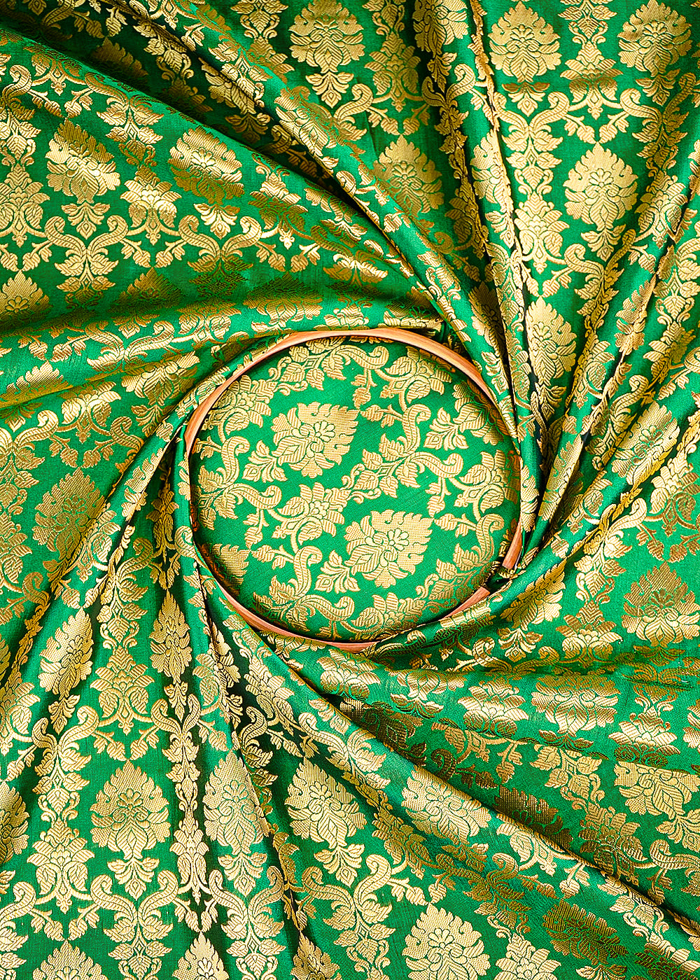 Green Banarasi Brocade Fabric With All Over Golden Zari Handloom 26415
