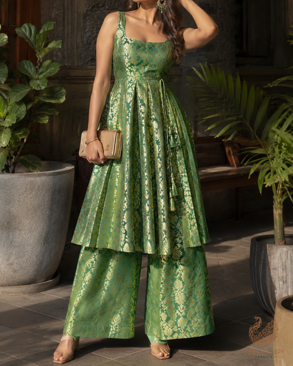 Green Banarasi Brocade Fabric With All Over Golden Zari Handloom 26415