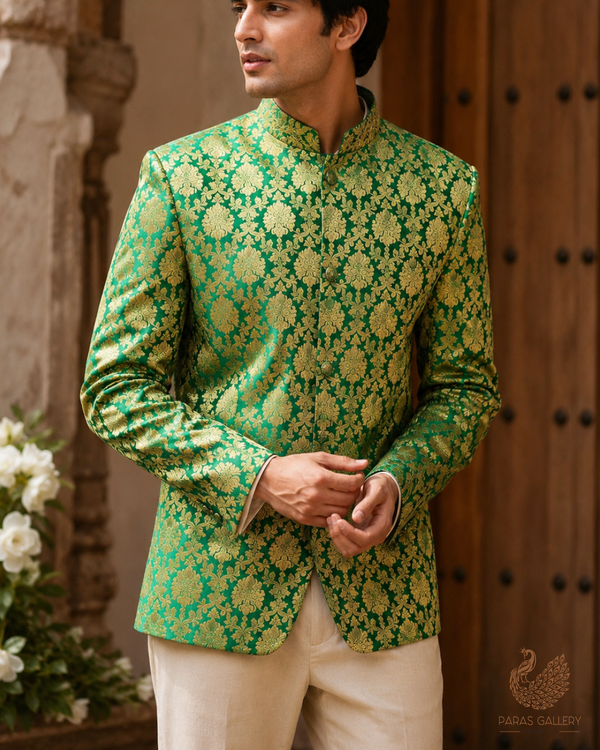 Green Banarasi Brocade Fabric With All Over Golden Zari Handloom 26415