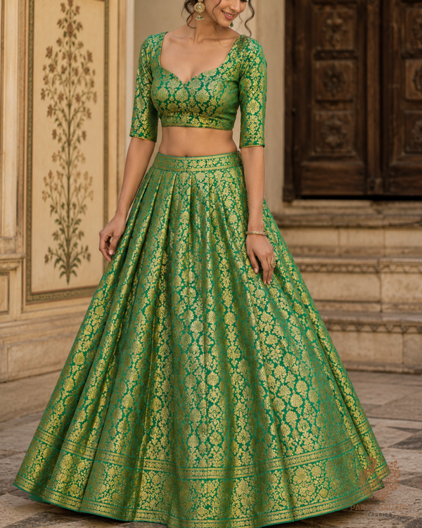 Green Banarasi Brocade Fabric With All Over Golden Zari Handloom 26415