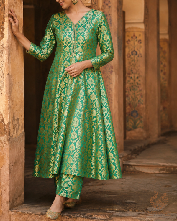 Green Banarasi Brocade Fabric With All Over Golden Zari Handloom 26415