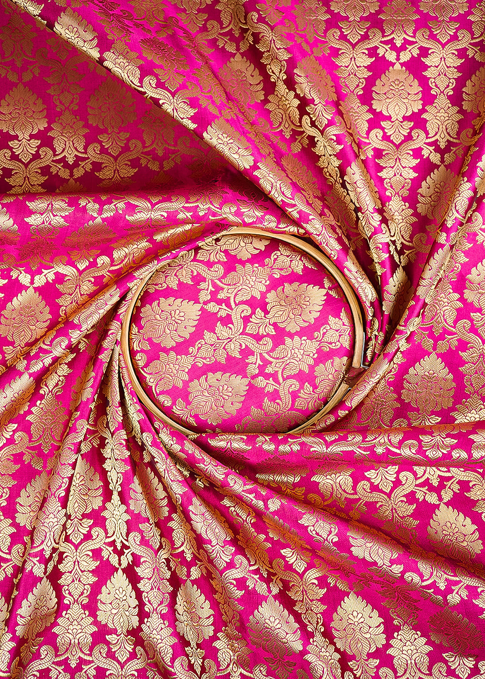 Dark Pink Banarasi Brocade Fabric With All Over Golden Zari Handloom 26416