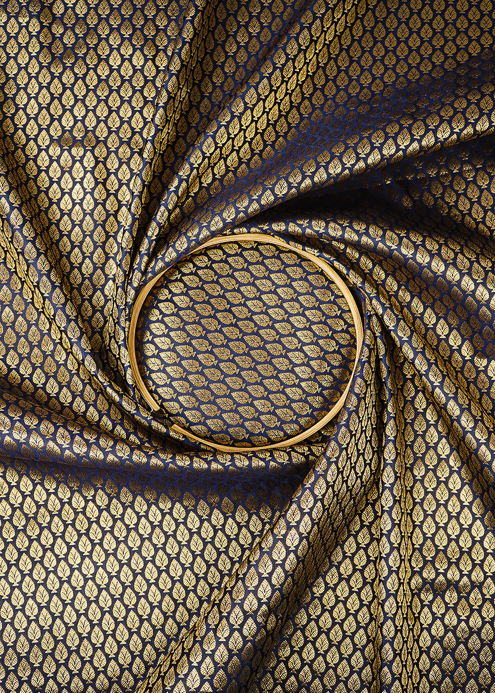Navy Blue Banarasi Brocade Fabric With All Over Golden Zari Handloom 26417