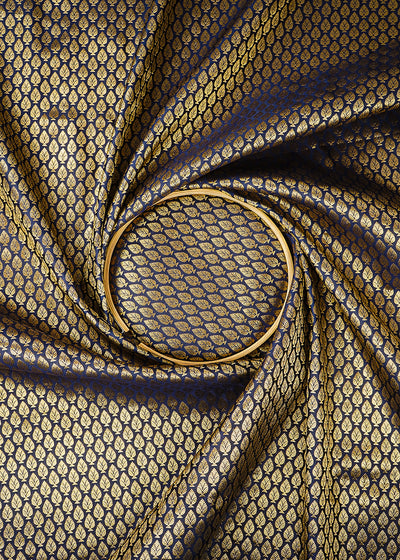 Navy Blue Banarasi Brocade Fabric With All Over Golden Zari Handloom 26417