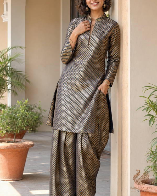 Navy Blue Banarasi Brocade Fabric With All Over Golden Zari Handloom 26417