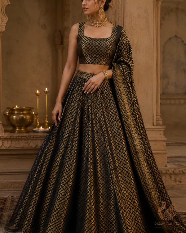 Black Banarasi Brocade Fabric With All Over Golden Zari Handloom 26418