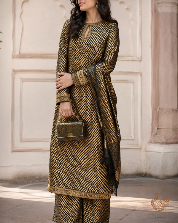 Black Banarasi Brocade Fabric With All Over Golden Zari Handloom 26418