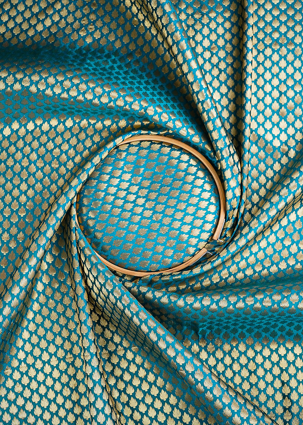 Teal Blue Banarasi Brocade Fabric With All Over Golden Zari Handloom 26419