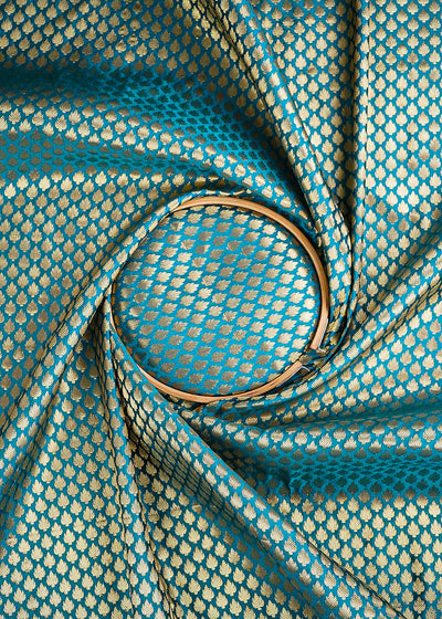Teal Blue Banarasi Brocade Fabric With All Over Golden Zari Handloom 26419