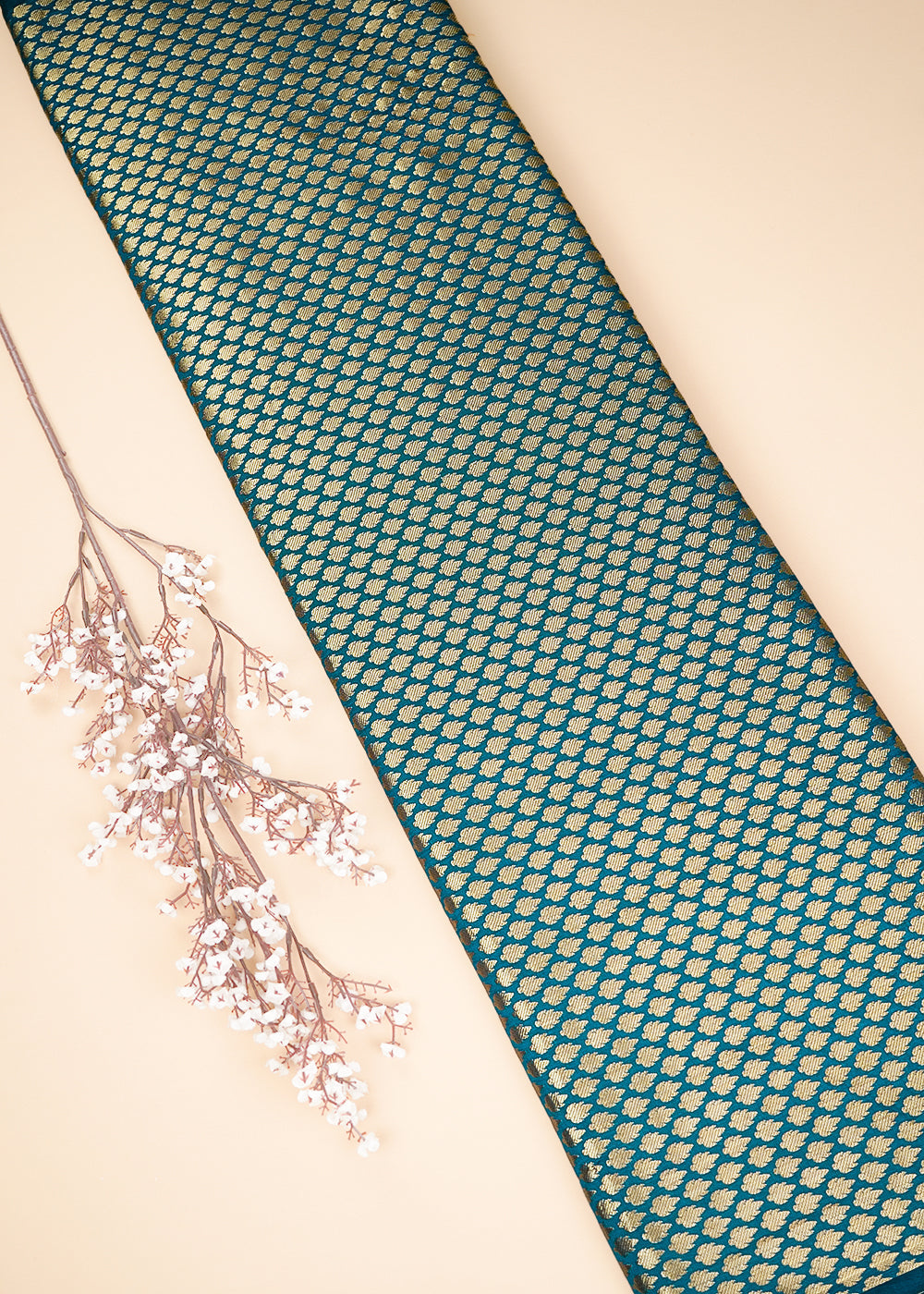Teal Blue Banarasi Brocade Fabric With All Over Golden Zari Handloom 26419