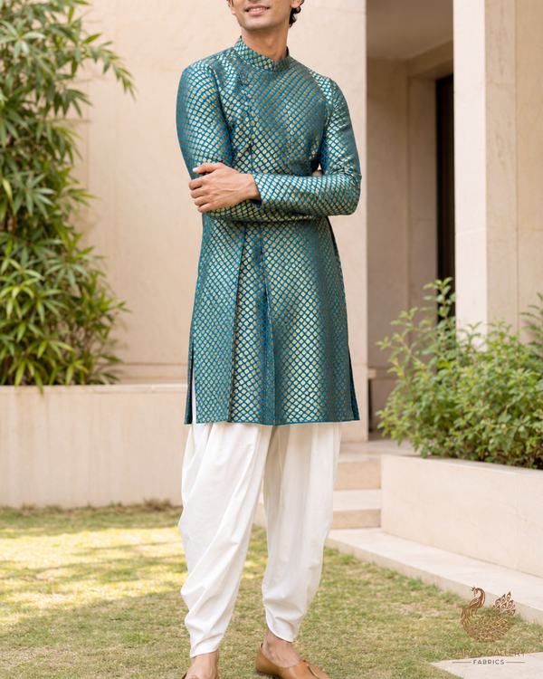 Teal Blue Banarasi Brocade Fabric With All Over Golden Zari Handloom 26419