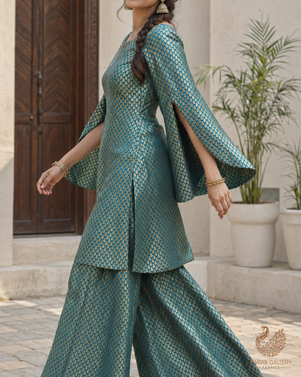 Teal Blue Banarasi Brocade Fabric With All Over Golden Zari Handloom 26419