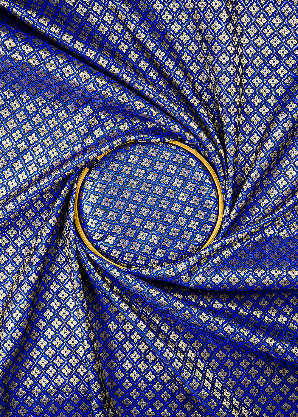 Royal Blue Banarasi Brocade Fabric With All Over Golden Zari Handloom 26422