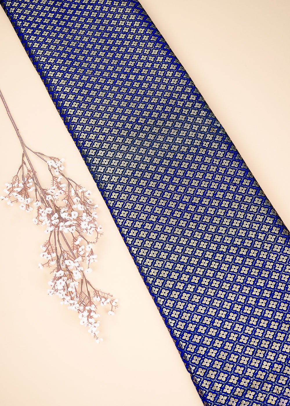Royal Blue Banarasi Brocade Fabric With All Over Golden Zari Handloom 26422