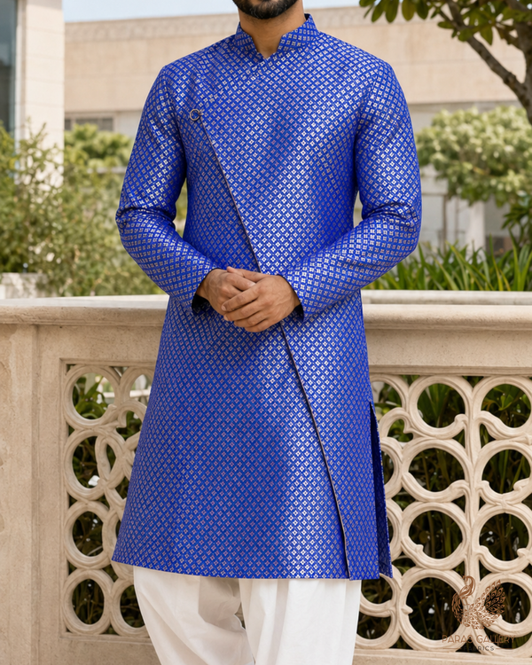 Royal Blue Banarasi Brocade Fabric With All Over Golden Zari Handloom 26422